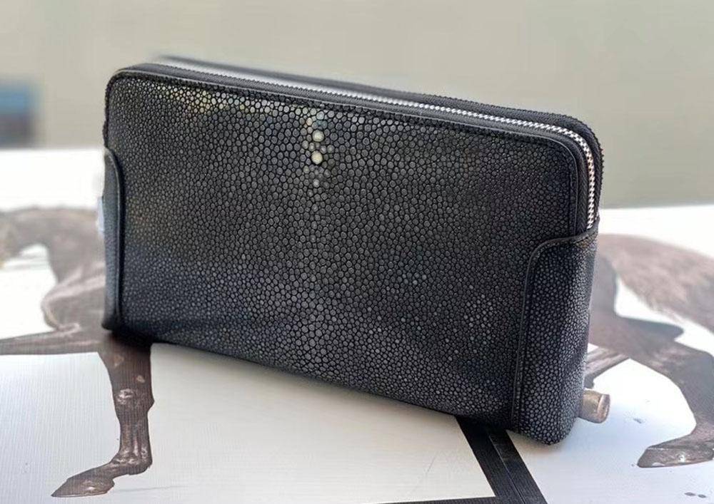 Men'sPearl Stingray Leather Business Double Code Lock Wallet With Wrist Strap Clutch Bag