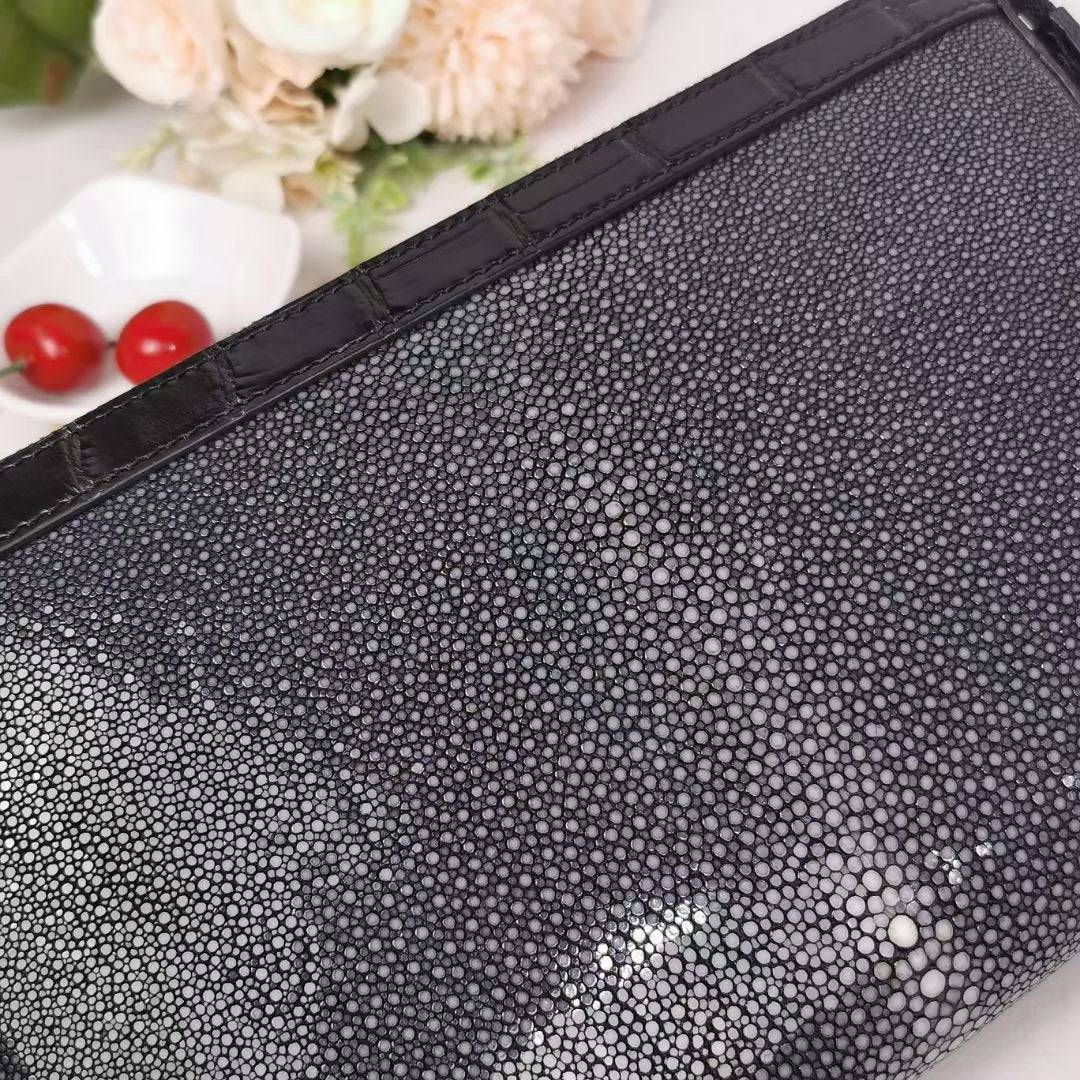 Men'sPearl Stingray Leather Business Wallet With Wrist Strap Clutch Bag