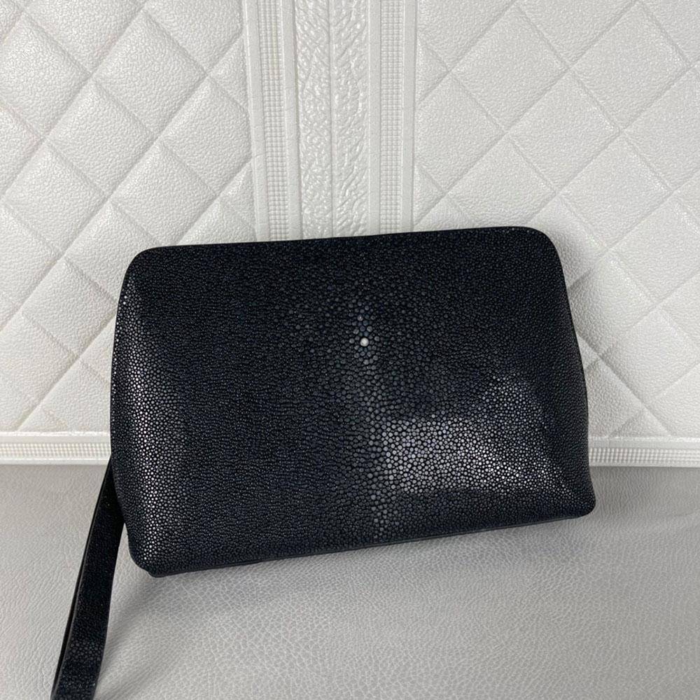 Men'sPearl Stingray Leather Business  Zip Wallet With Wrist Strap Clutch Bag Large