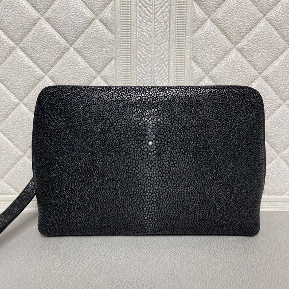 Men'sPearl Stingray Leather Business  Zip Wallet With Wrist Strap Clutch Bag Large