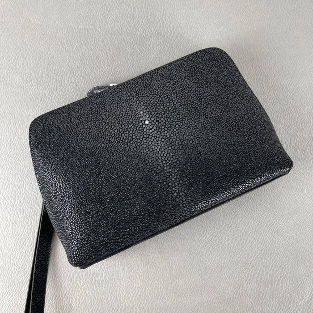 Men'sPearl Stingray Leather Business  Zip Wallet With Wrist Strap Clutch Bag Large