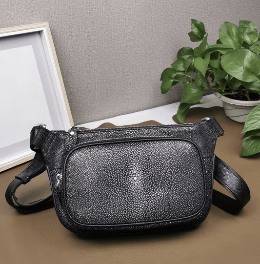 Men'sPearl Stingray Leather Crossbody Waist Bag Fanny Pack Chest Bag Male Casual Belt Sling Bum Bags