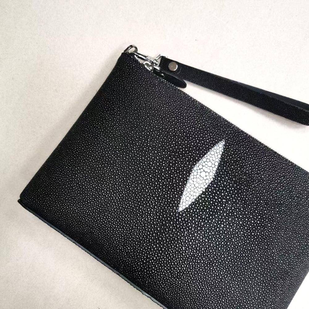 Men'sPearl Stingray Leather Envelop Business Zip Wallet With Wrist Removable Strap Clutch Bag