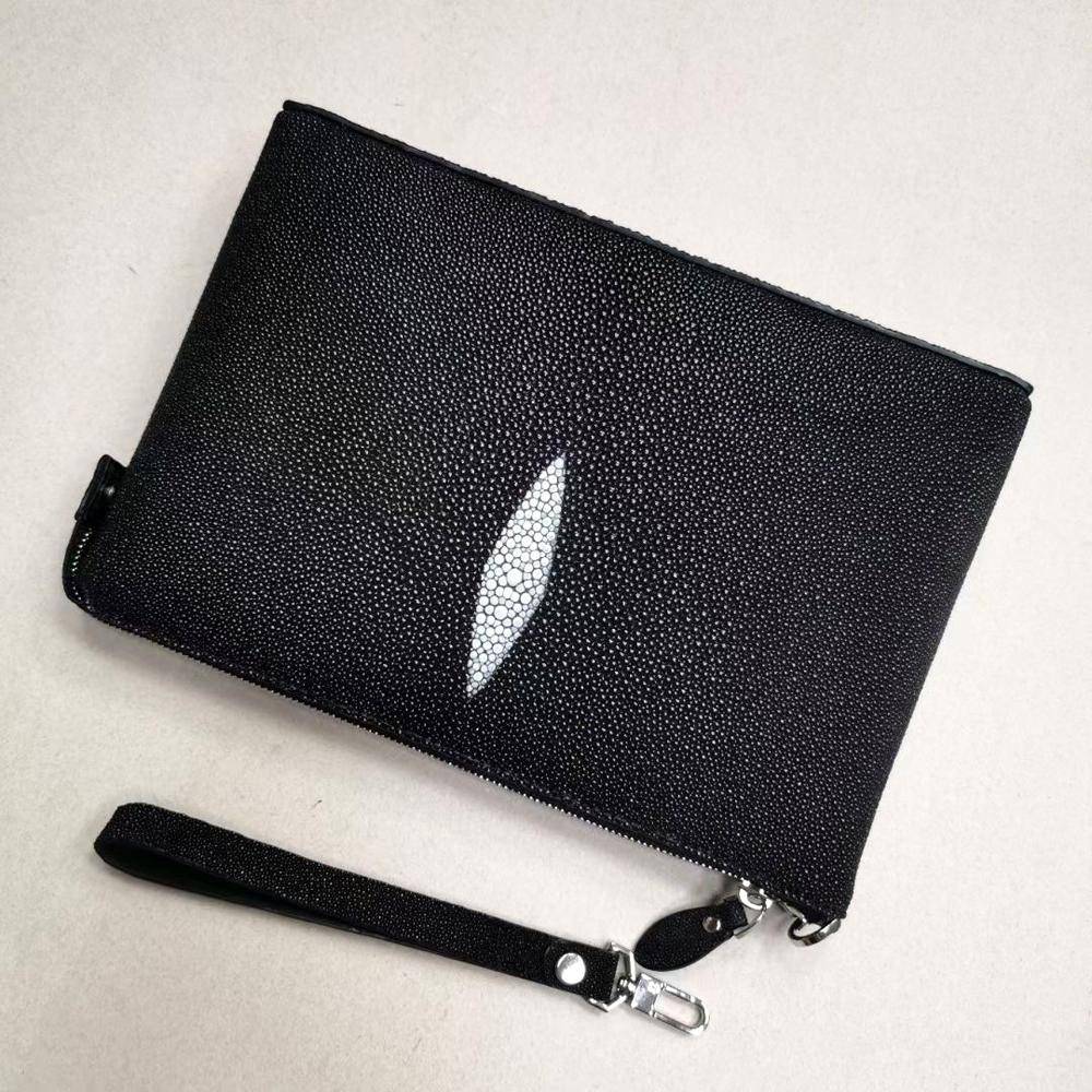 Men'sPearl Stingray Leather Envelop Business Zip Wallet With Wrist Removable Strap Clutch Bag