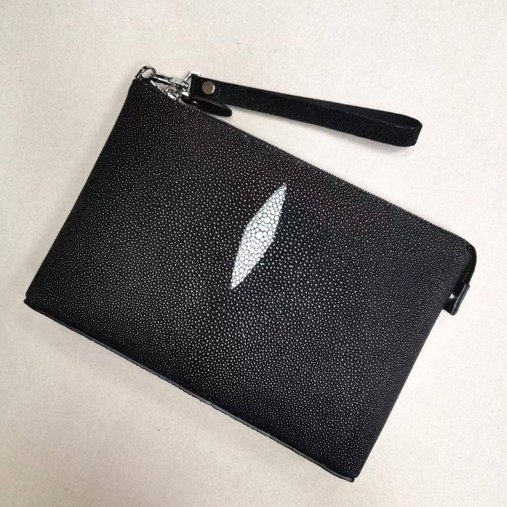 Men'sPearl Stingray Leather Envelop Business Zip Wallet With Wrist Removable Strap Clutch Bag