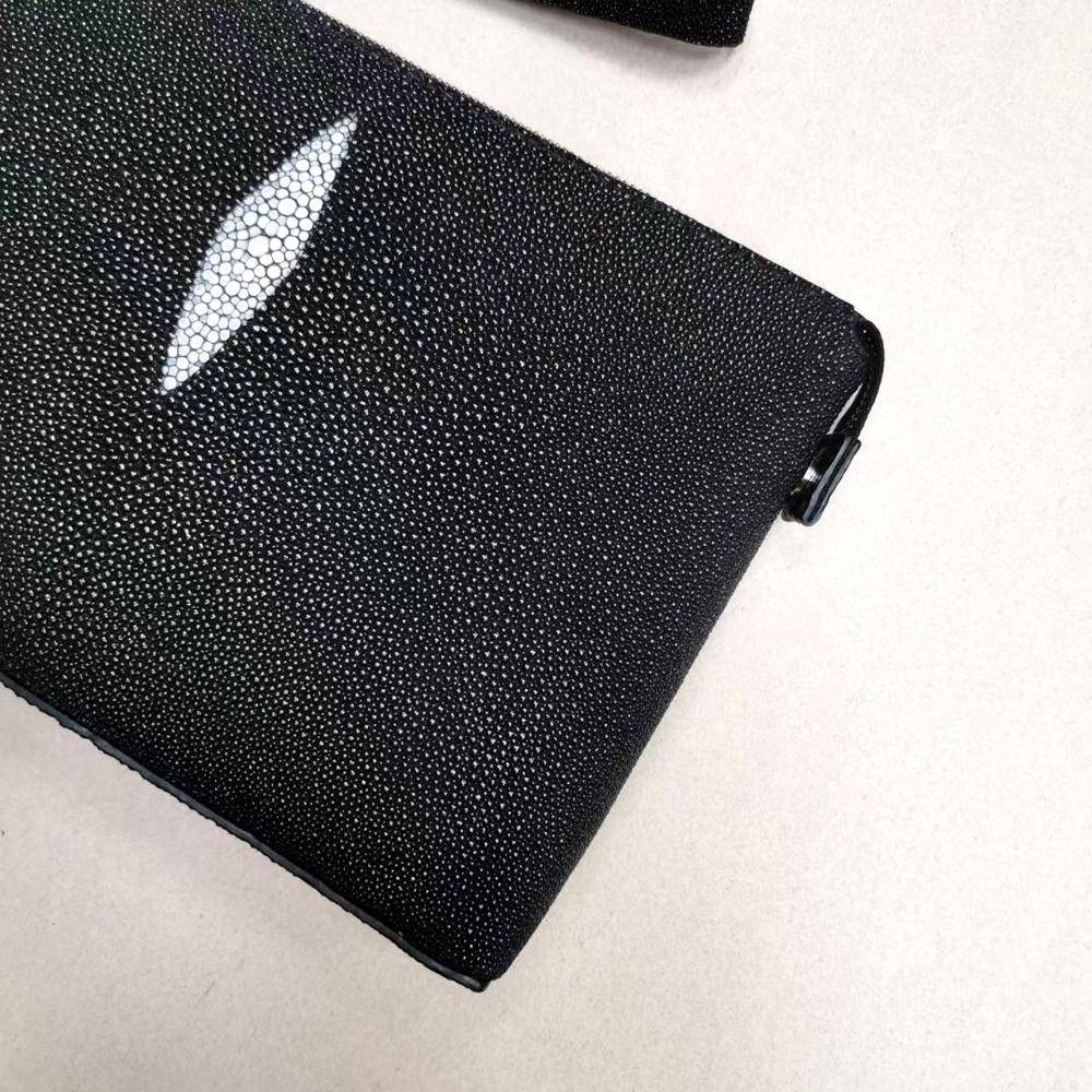 Men'sPearl Stingray Leather Envelop Business Zip Wallet With Wrist Removable Strap Clutch Bag