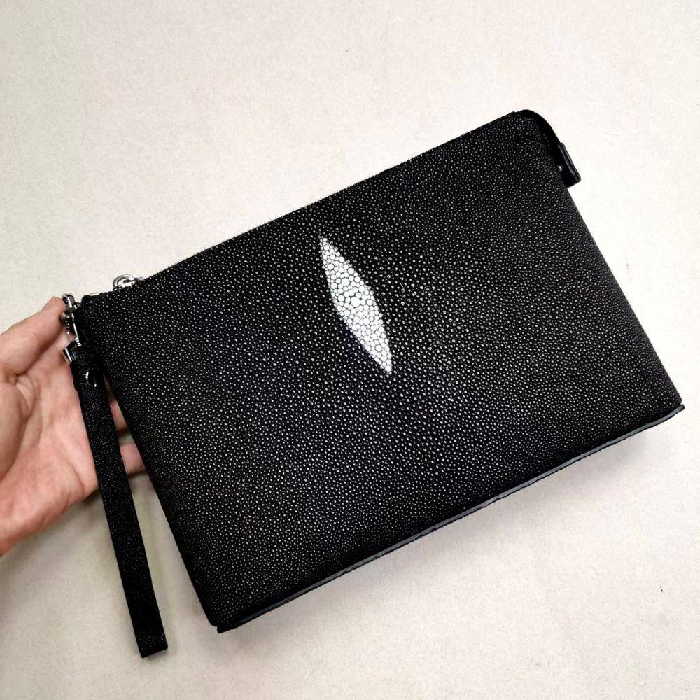 Men'sPearl Stingray Leather Envelop Business Zip Wallet With Wrist Removable Strap Clutch Bag