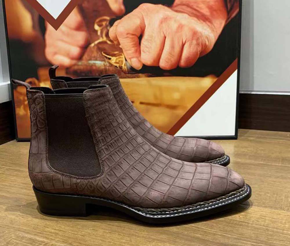 Crocodile Shoes Men's Sanded Crocodile Leather Norwegian Stitch Chelsea Boots