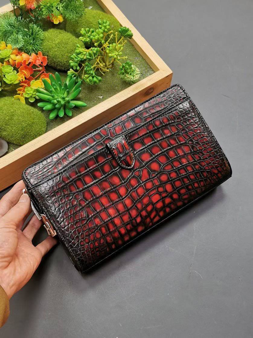 Men's Vintage Crocodile Leather Business Zip Wallet With Wrist Strap Clutch Bag