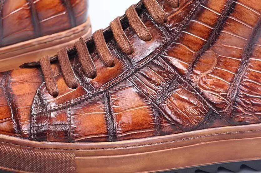 Crocodile Shoes Mens Brushed Crocodile Leather Lace Up Shoes,Tan