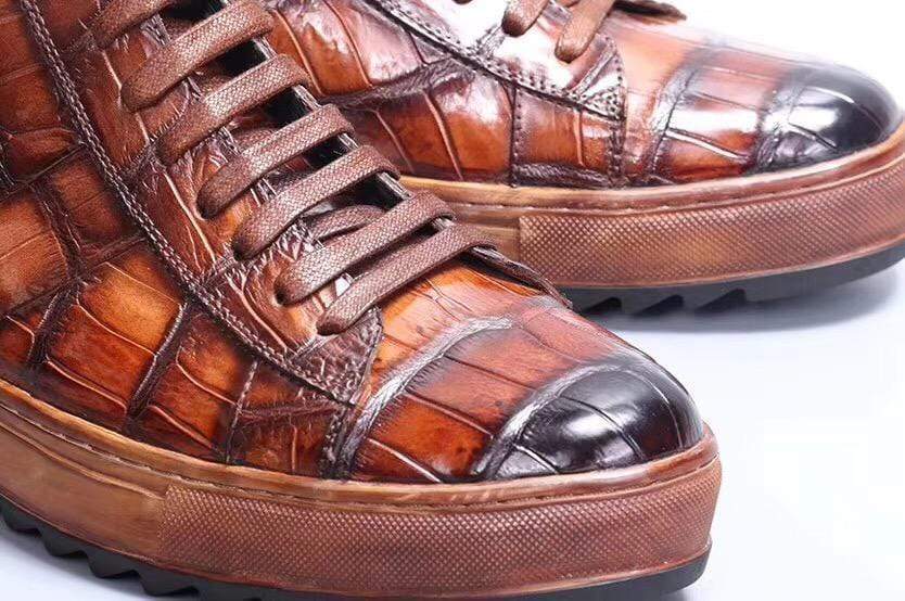 Crocodile Shoes Mens Brushed Crocodile Leather Lace Up Shoes,Tan