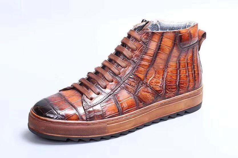 Crocodile Shoes Mens Brushed Crocodile Leather Lace Up Shoes,Tan