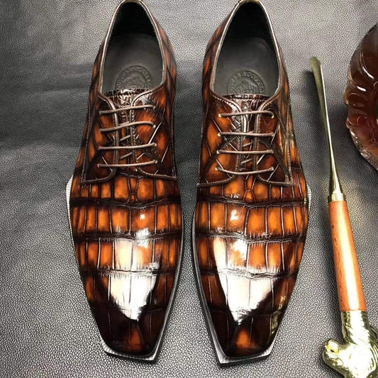 Crocodile Shoes Mens Brushed Vintage Brown Color Square Toe Lace Up Genuine Crocodile Leather Dress Shoe