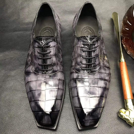Crocodile Shoes Mens Brushed Vintage Grey Color Square Toe Lace Up Genuine Crocodile Leather Dress Shoe