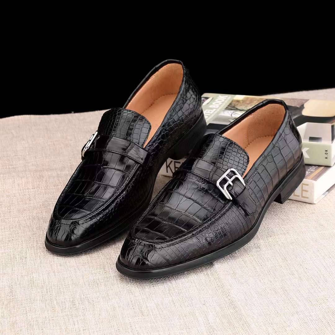 Crocodile Shoes Mens Casual Comfortable Genuine Crocodile Skin Leather Classic Fashion Buckle Slip On Driving Loafers