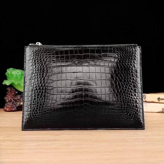 Mens Clutch Bags | Crocodile Skin Leather Zip Pouch Black