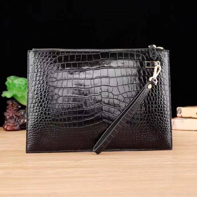 Mens Clutch Bags | Crocodile Skin Leather Zip Pouch Black