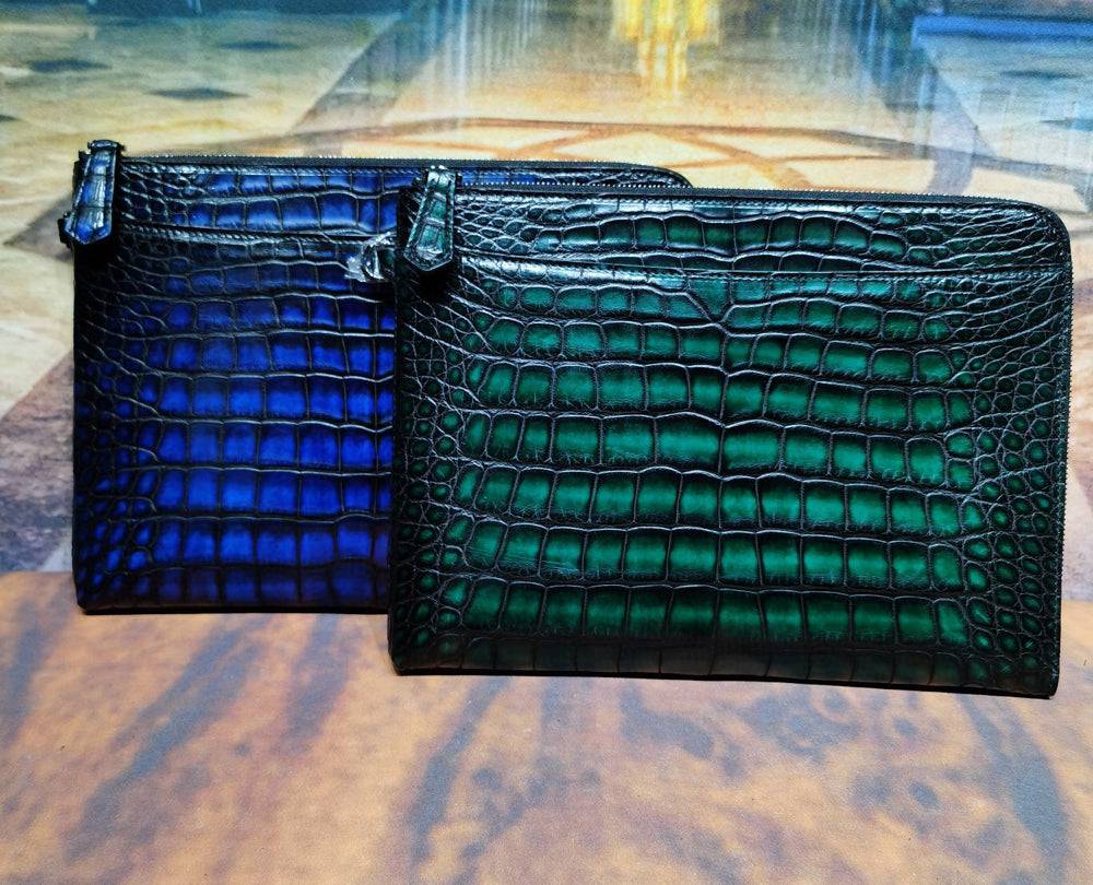 Mens Crocodile Leather  Business Zip Clutch Bags Vintage