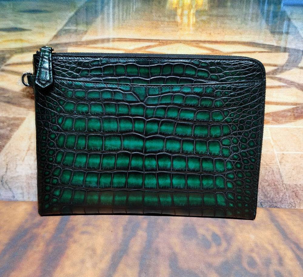 Mens Crocodile Leather  Business Zip Clutch Bags Vintage