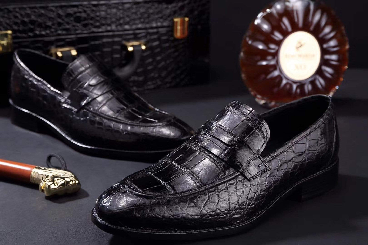 Crocodile Shoes Mens Crocodile Leather Penny Loafer Shoes Black