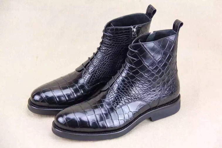 Crocodile Shoes Mens Crocodile Leather  Side Zipper  Lace Up  Boots