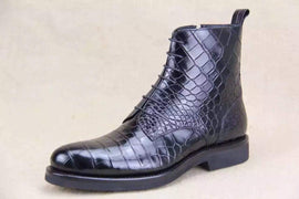 Crocodile Shoes Mens Crocodile Leather  Side Zipper  Lace Up  Boots