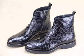 Crocodile Shoes Mens Crocodile Leather  Side Zipper  Lace Up  Boots