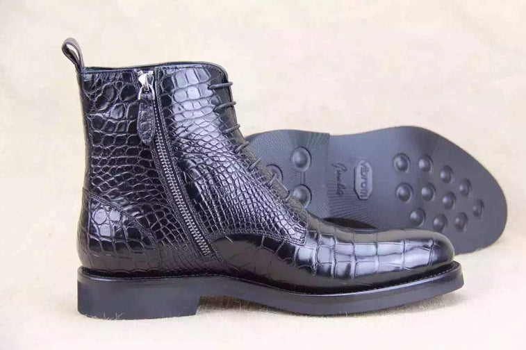 Crocodile Shoes Mens Crocodile Leather  Side Zipper  Lace Up  Boots