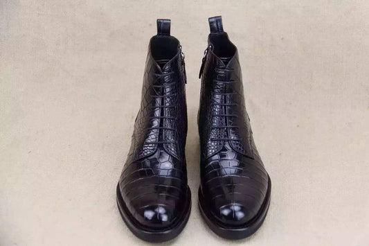 Crocodile Shoes Mens Crocodile Leather  Side Zipper  Lace Up  Boots