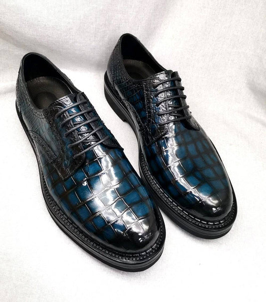 Crocodile Shoes Mens Genuine Crocodile Leather Derby Lace Up Dress Shoe Vintage Blue