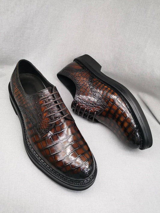 Crocodile Shoes Mens Genuine Crocodile Leather Derby Lace Up Dress Shoe Vintage Brown