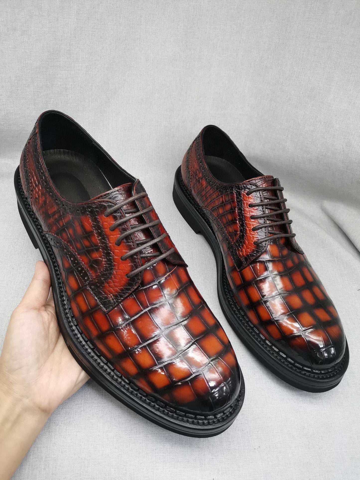 Crocodile Shoes Mens Genuine Crocodile Leather Derby Lace Up Dress Shoe Vintage Orange
