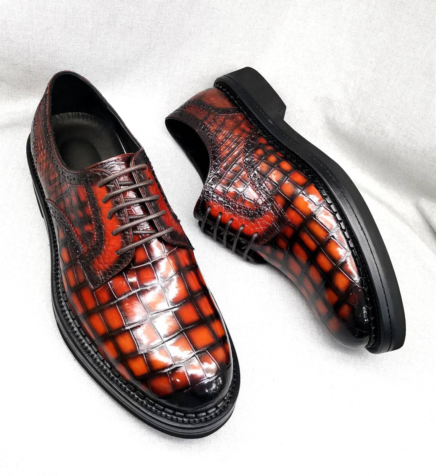Crocodile Shoes Mens Genuine Crocodile Leather Derby Lace Up Dress Shoe Vintage Orange