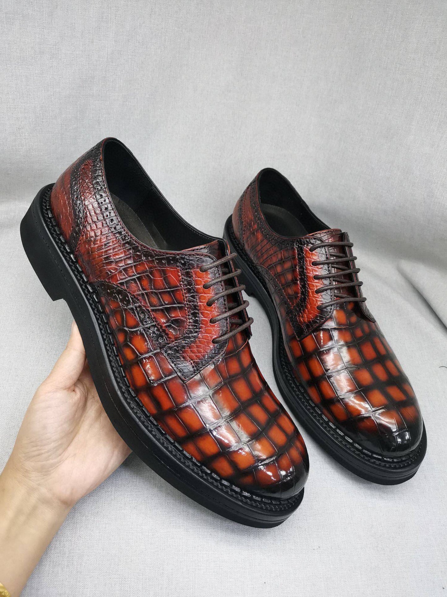 Crocodile Shoes Mens Genuine Crocodile Leather Derby Lace Up Dress Shoe Vintage Orange