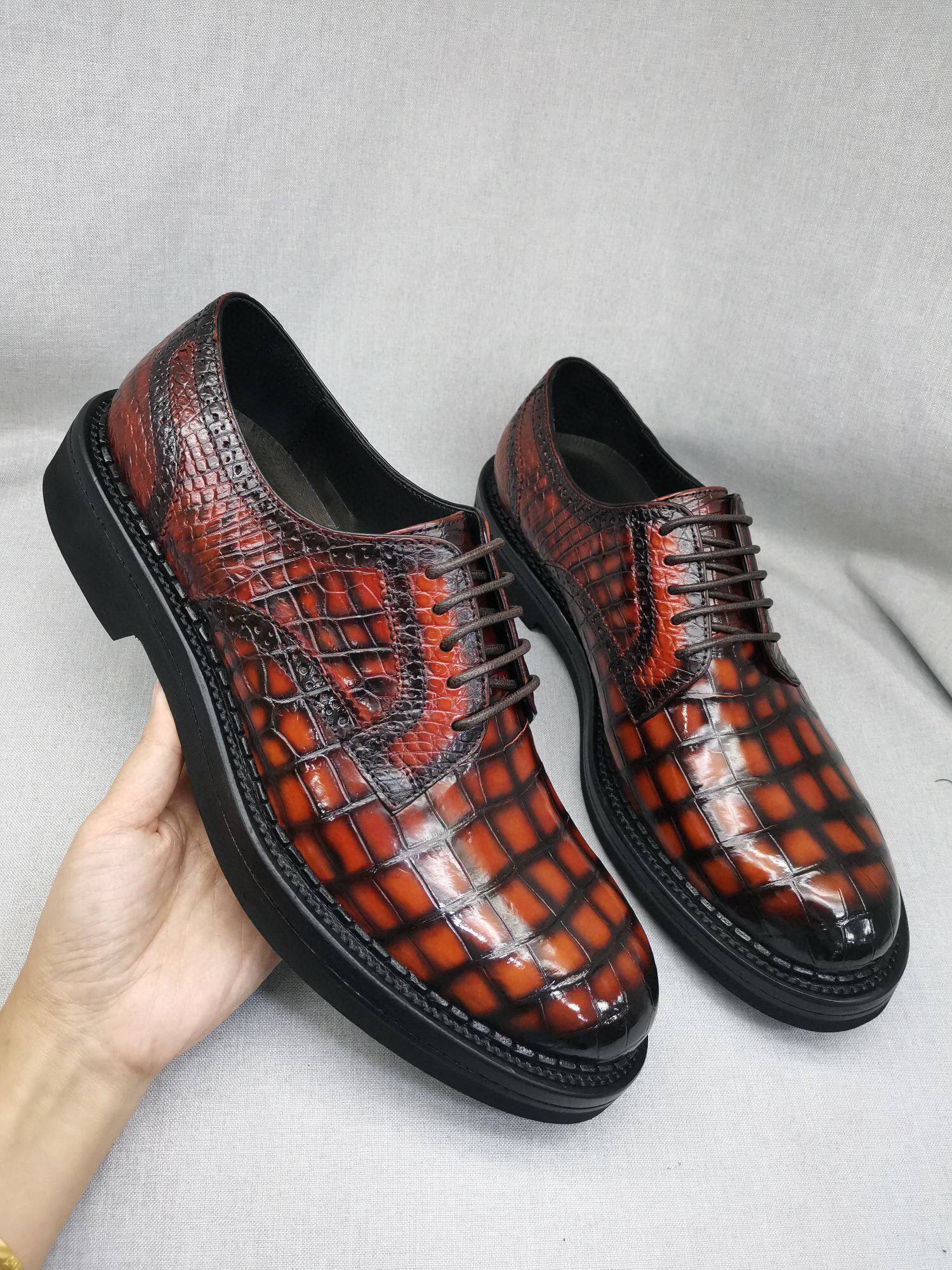 Crocodile Shoes Mens Genuine Crocodile Leather Derby Lace Up Dress Shoe Vintage Orange