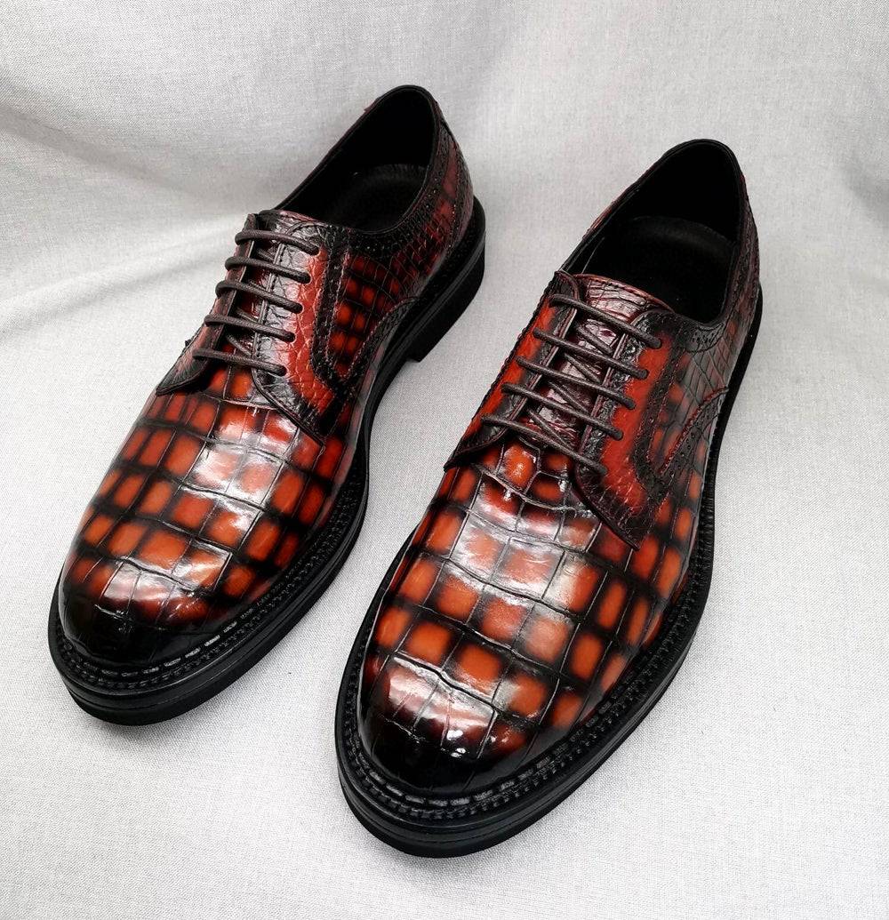 Crocodile Shoes Mens Genuine Crocodile Leather Derby Lace Up Dress Shoe Vintage Orange