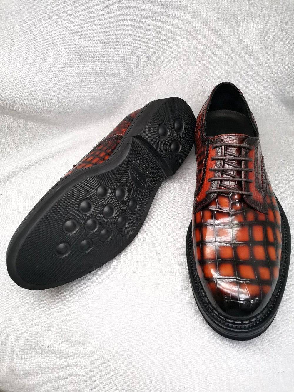 Crocodile Shoes Mens Genuine Crocodile Leather Derby Lace Up Dress Shoe Vintage Orange