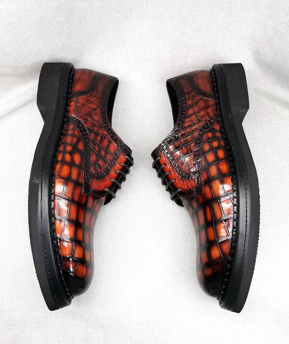 Crocodile Shoes Mens Genuine Crocodile Leather Derby Lace Up Dress Shoe Vintage Orange