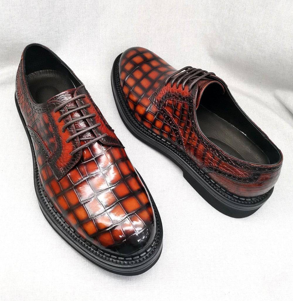 Crocodile Shoes Mens Genuine Crocodile Leather Derby Lace Up Dress Shoe Vintage Orange