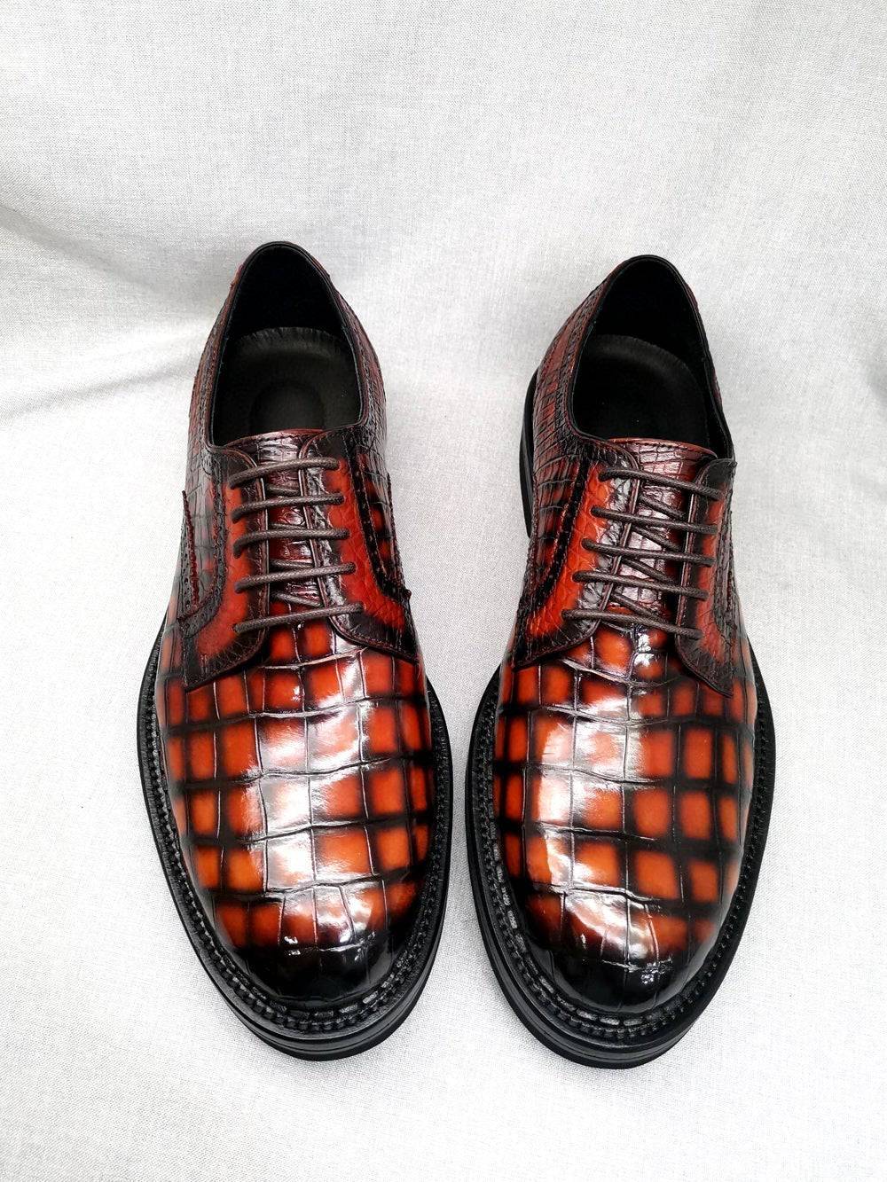 Crocodile Shoes Mens Genuine Crocodile Leather Derby Lace Up Dress Shoe Vintage Orange