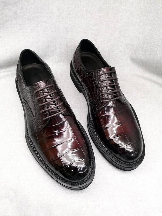 Crocodile Shoes Mens Genuine Crocodile Leather Derby Lace Up Dress Shoe Vintage Wine Red