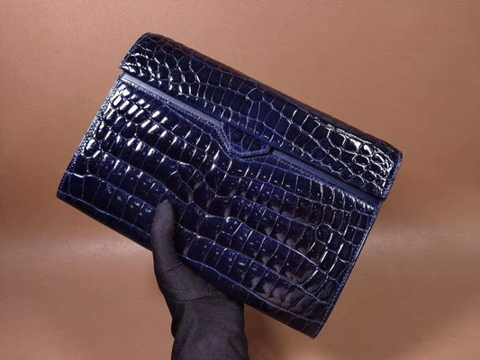 Mens Genuine Crocodile Leather High Shiny Gloss Baking Beads Clutch Bag Blue