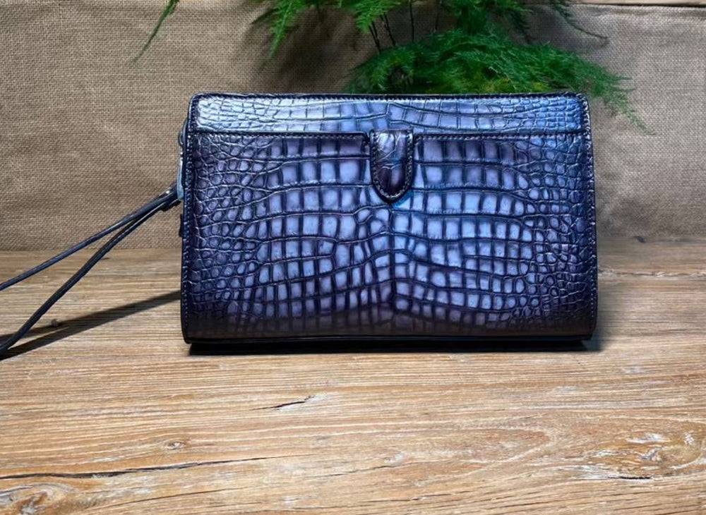 Mens Genuine Crocodile Skin Leather Clutch Vintage Crocodile Leather Business Bag Grey