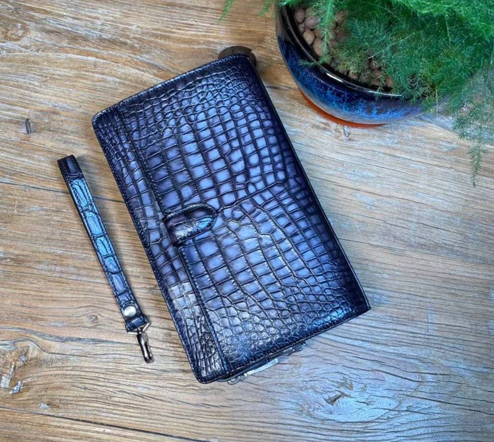 Mens Genuine Crocodile Skin Leather Clutch Vintage Crocodile Leather Business Bag Grey