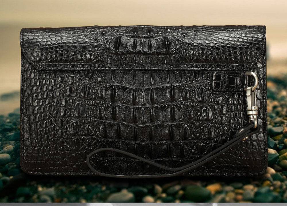 Mens Genuine Crocodile Skin Leather Clutch With Wrist Strap