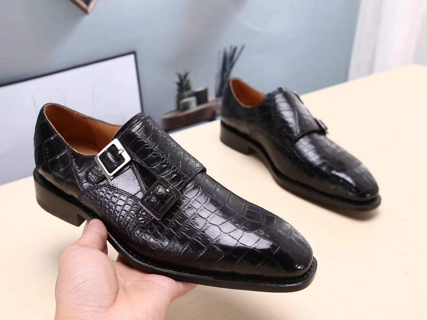 Crocodile Shoes Mens Shoes Black Crocodile  Leather Monk Double Strap Dress Shoes,Goodyear Sole