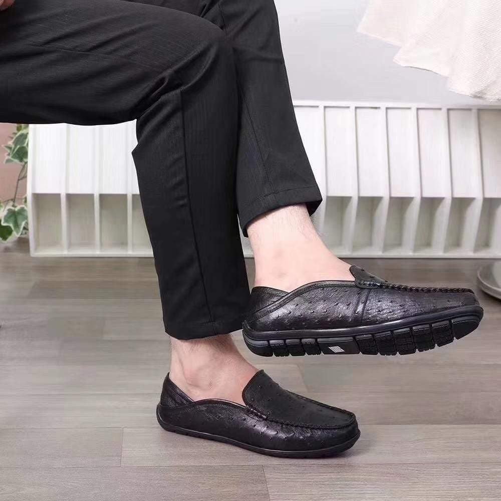 Crocodile Shoes Mens  Slip On Casual Fashion Ostrich Leather Penny Loafer Shoes Black