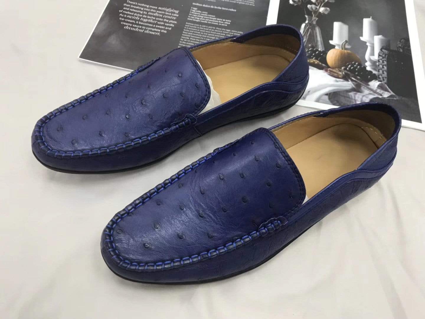 Crocodile Shoes Mens  Slip On Casual Fashion Ostrich Leather Penny Loafer Shoes Dark Blue