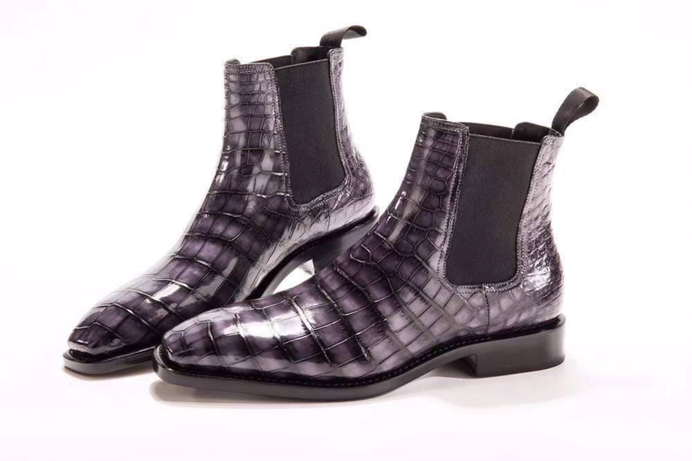 Crocodile Shoes Mens  Vintage Grey Crocodile Leather Ankle Dress Chelsea Boots