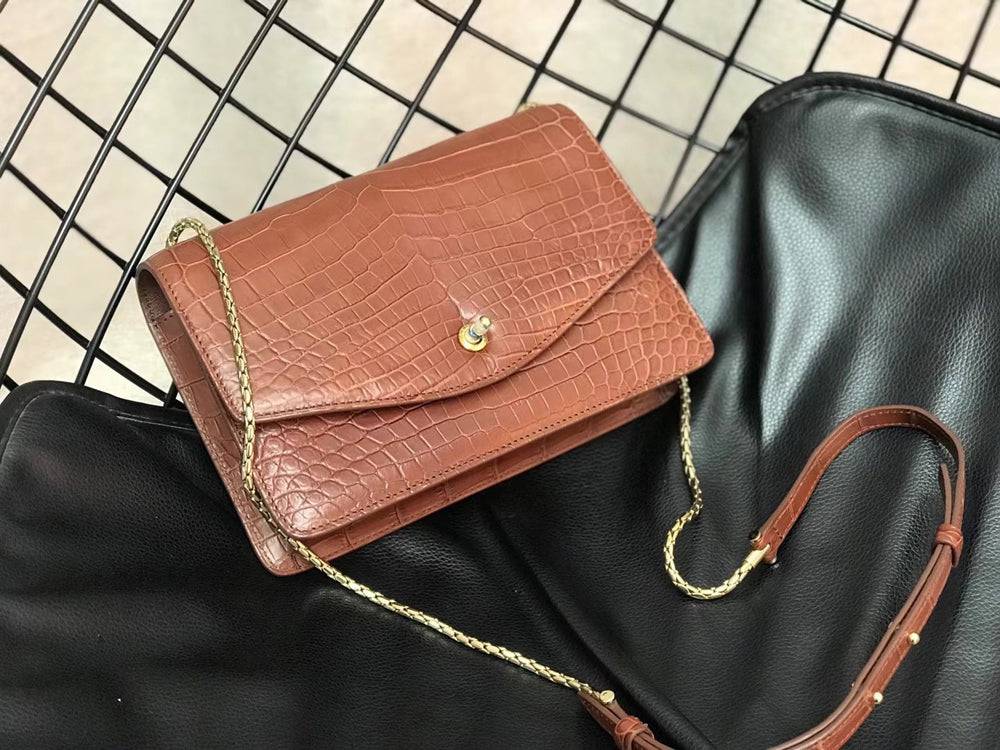 Mini Crocodile Leather Shoulder Cross Body Evening Bag Brown